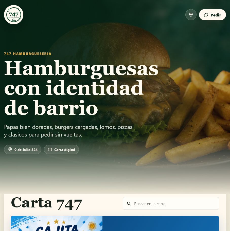 Captura de la carta digital de 747 Hamburguesería