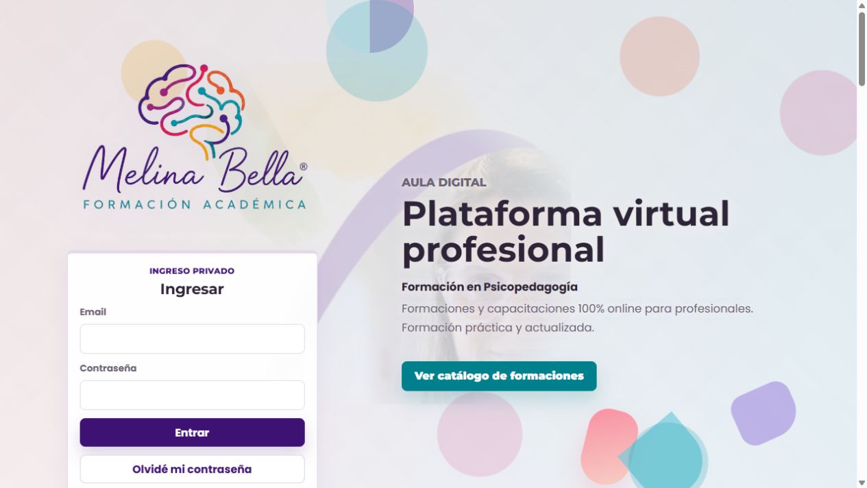 Captura actualizada de la plataforma de formación académica de Melina Bella