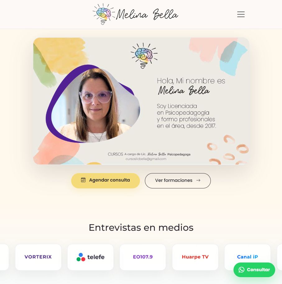 Captura del sitio web de Melina Bella